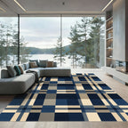 Modern Navy and Cream Plaid Grid Rug