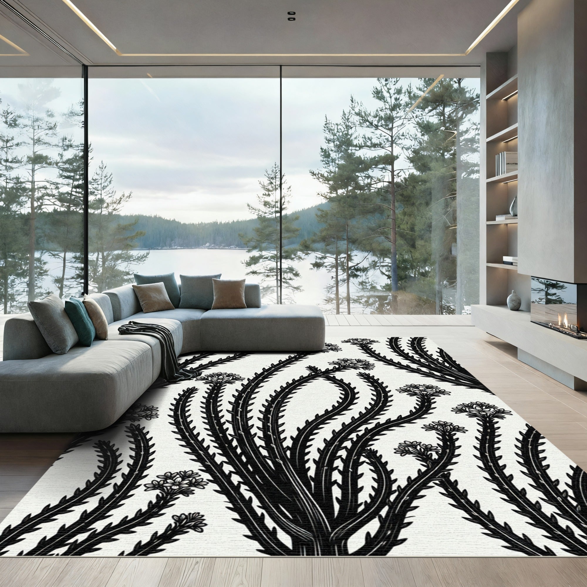 Monochromatic Outline Floral Spray Rug