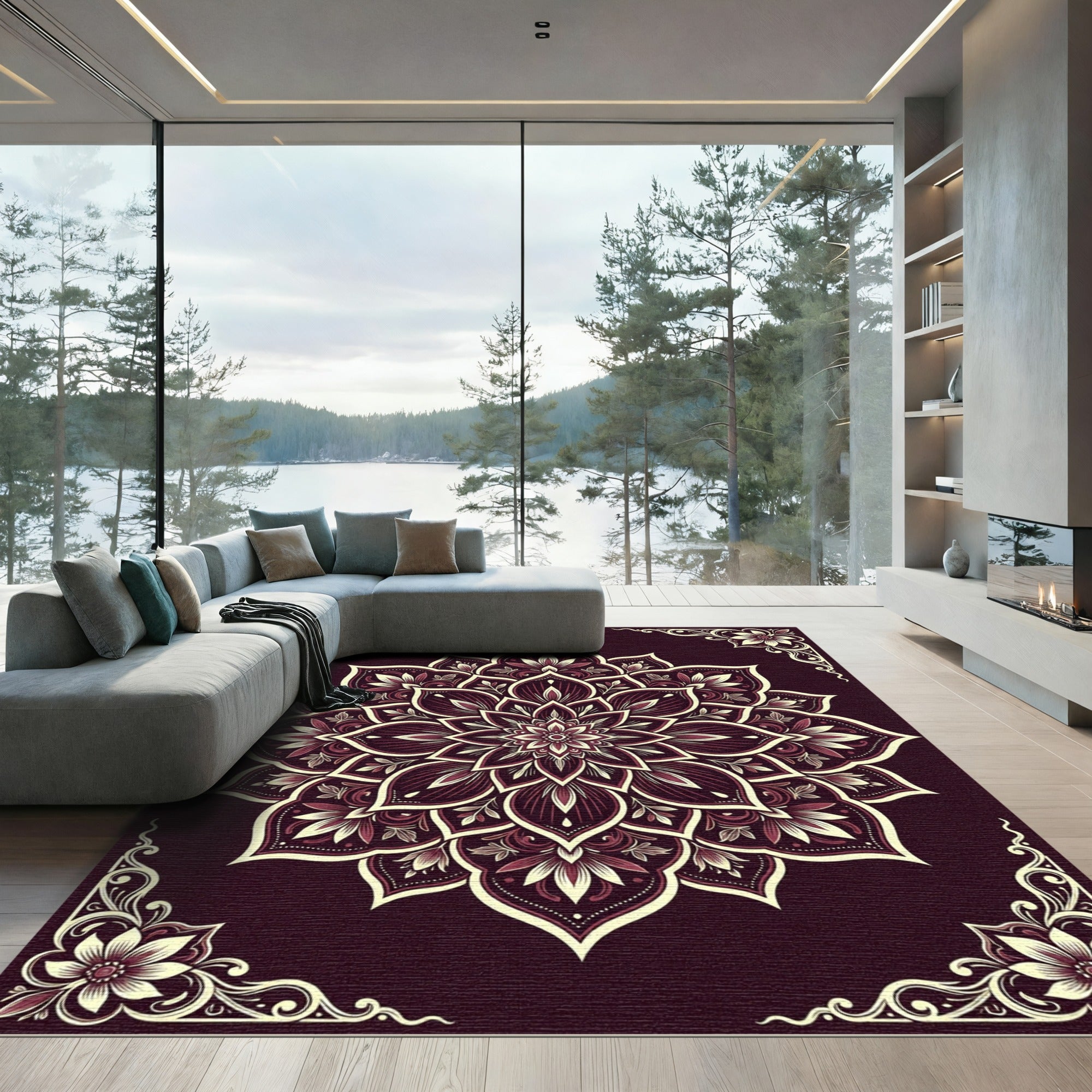Deep Plum Floral Mandala Rug