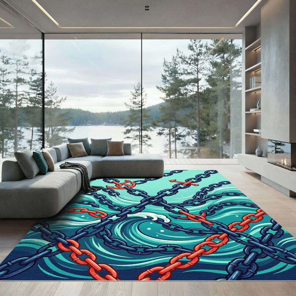 Anchors and Chains Navy Aquatic Wave Rug