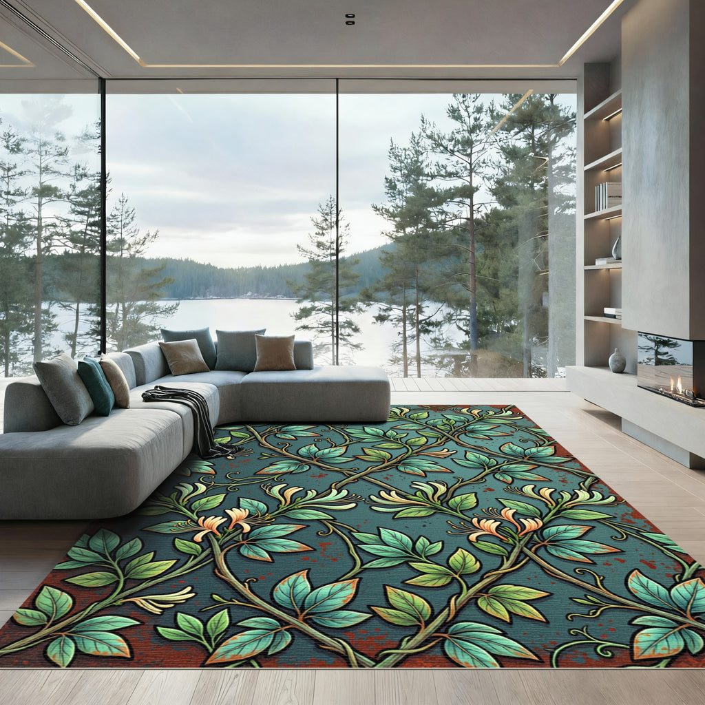 Vintage Honeysuckle Vine Teal Scroll Rug