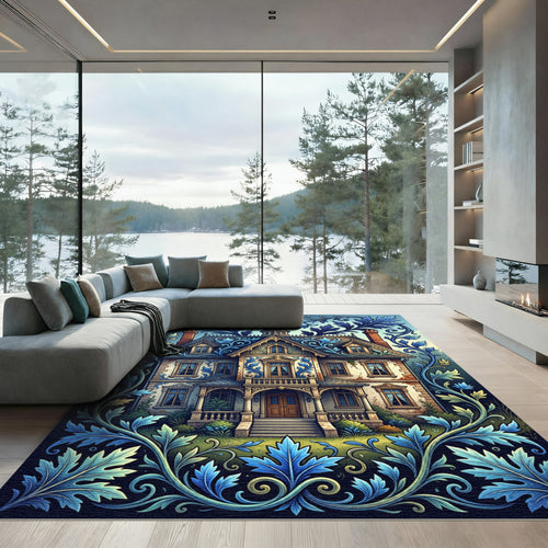 Azure Victorian Manor Botanical Scroll Rug