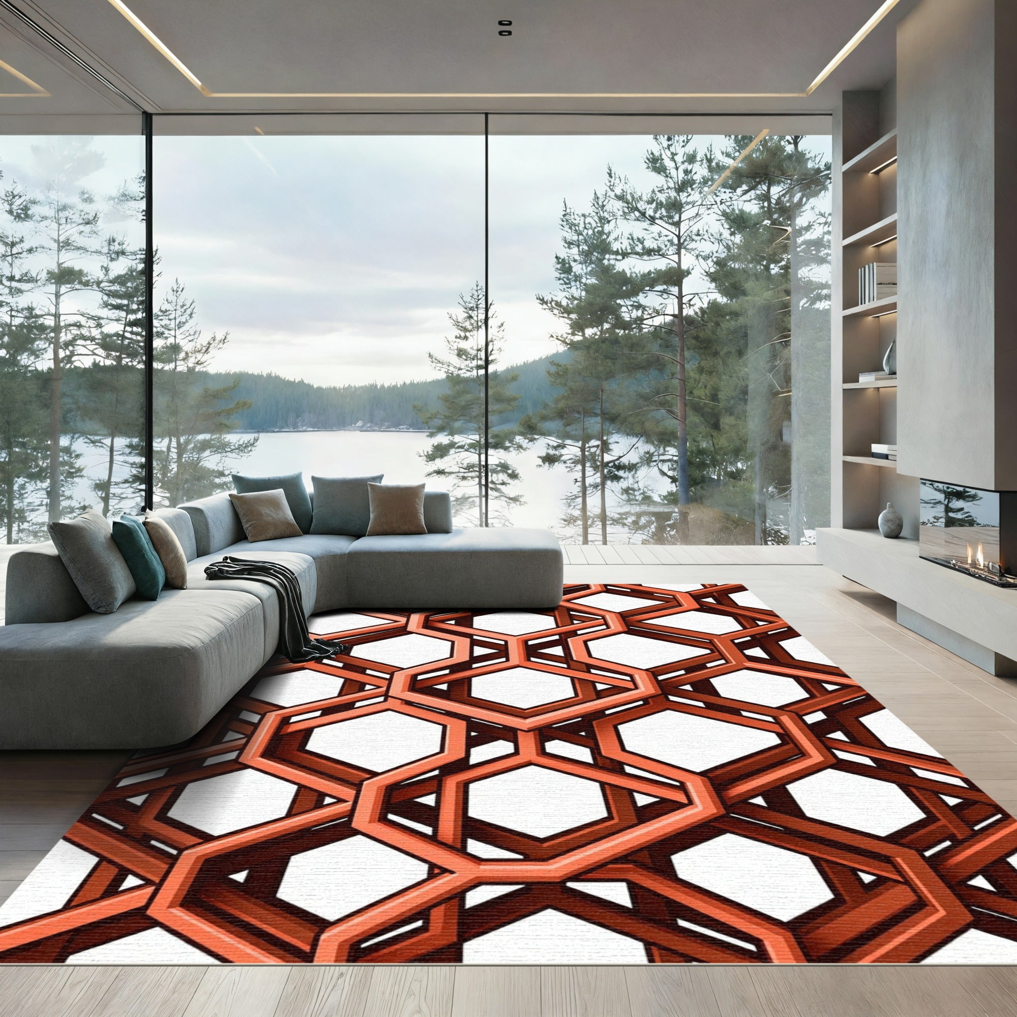 Geometric Burnt Orange Interlocking Hexagon Overlay Rug