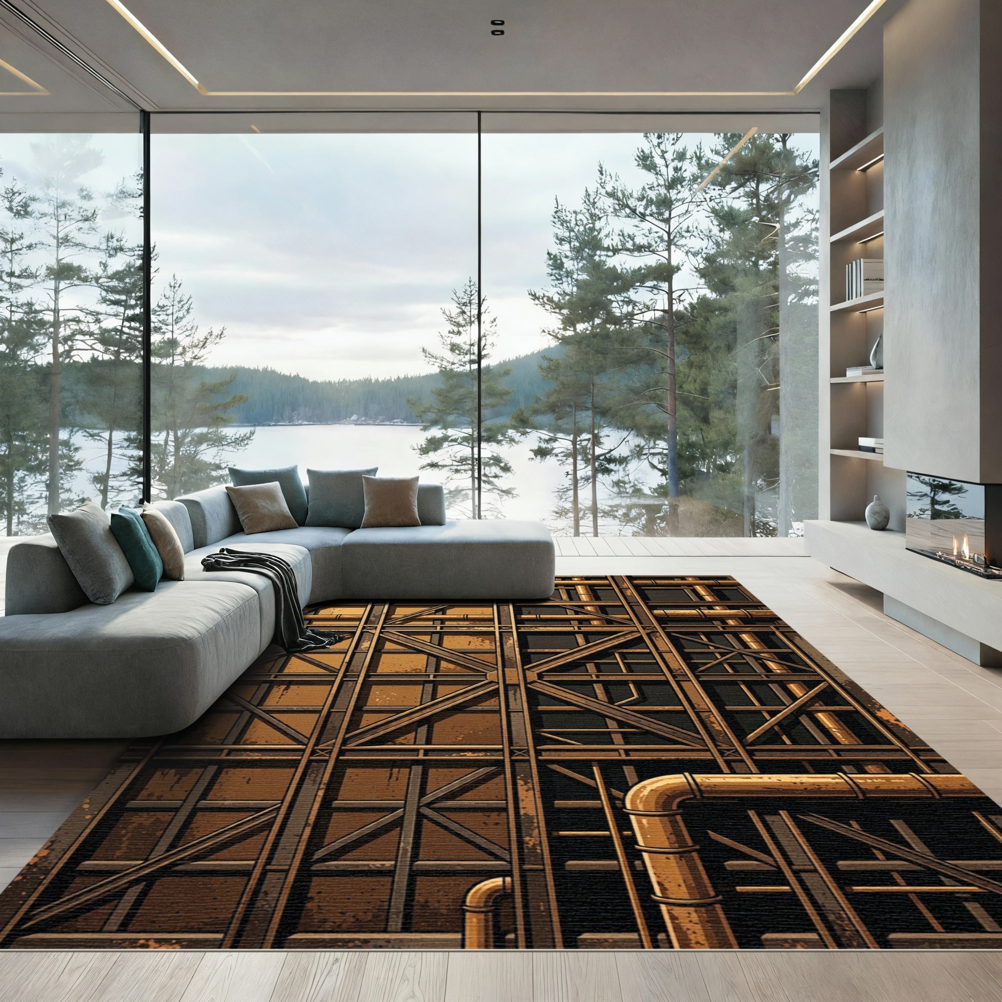 Industrial Bronze Grid Piping Rug