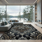 Elegant Charcoal Silver Damask Scroll Medallion Rug