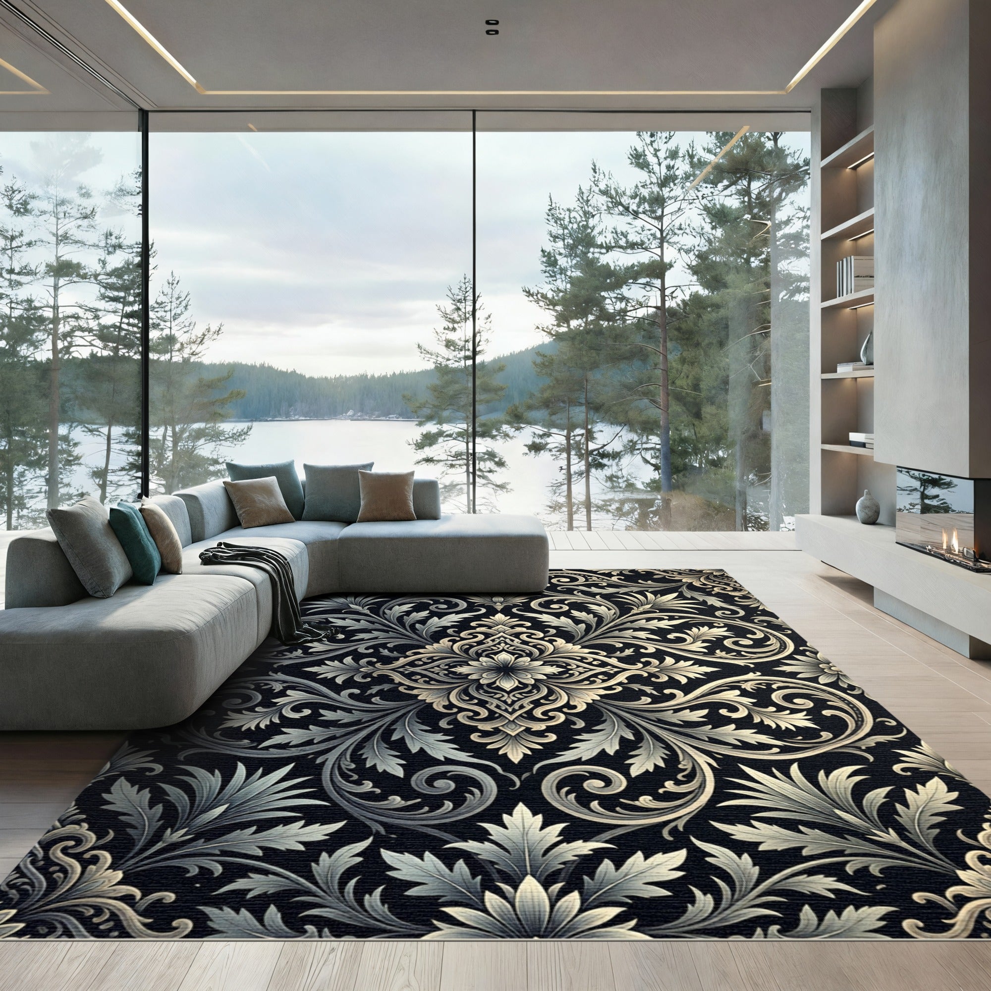 Ornate Black Floral Scroll Rug