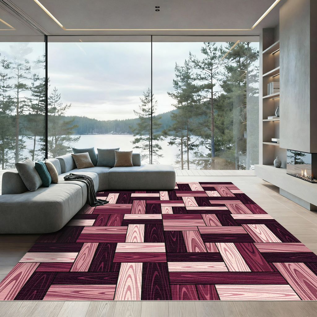 Burgundy Pink Woodgrain Parquet Rug