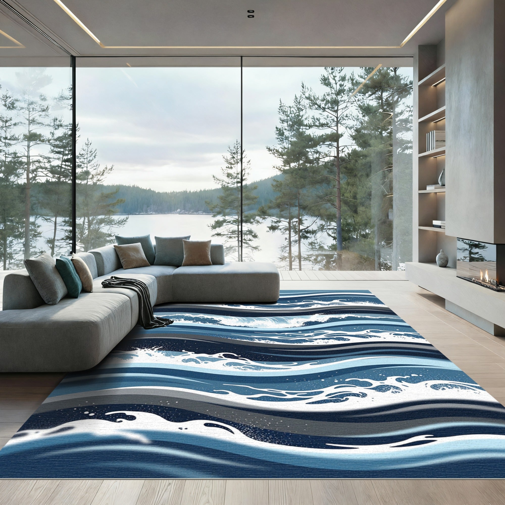 Modern Navy Abstract Oceanic Wave Rug