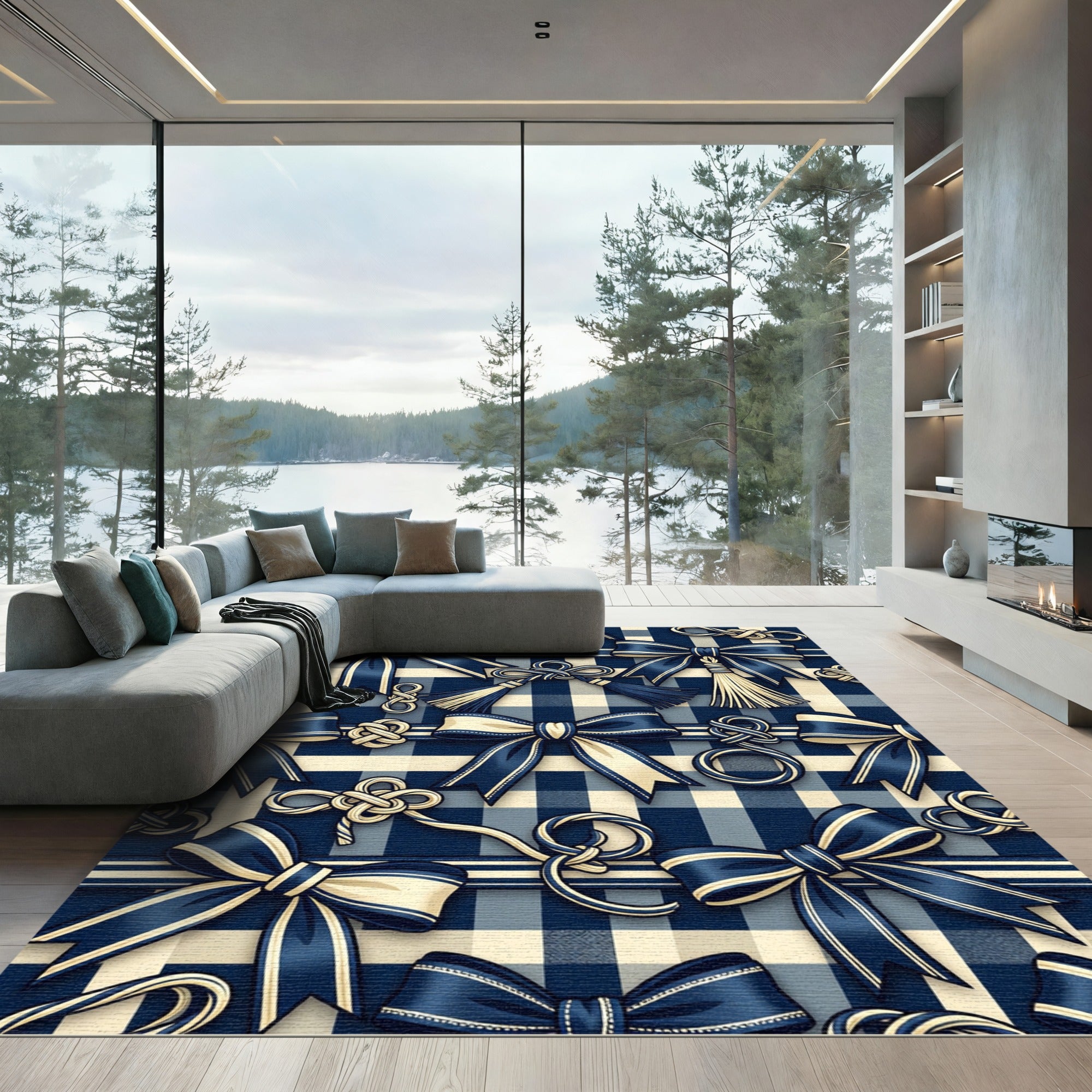 Elegant Navy Blue Ribbon Plaid Rug