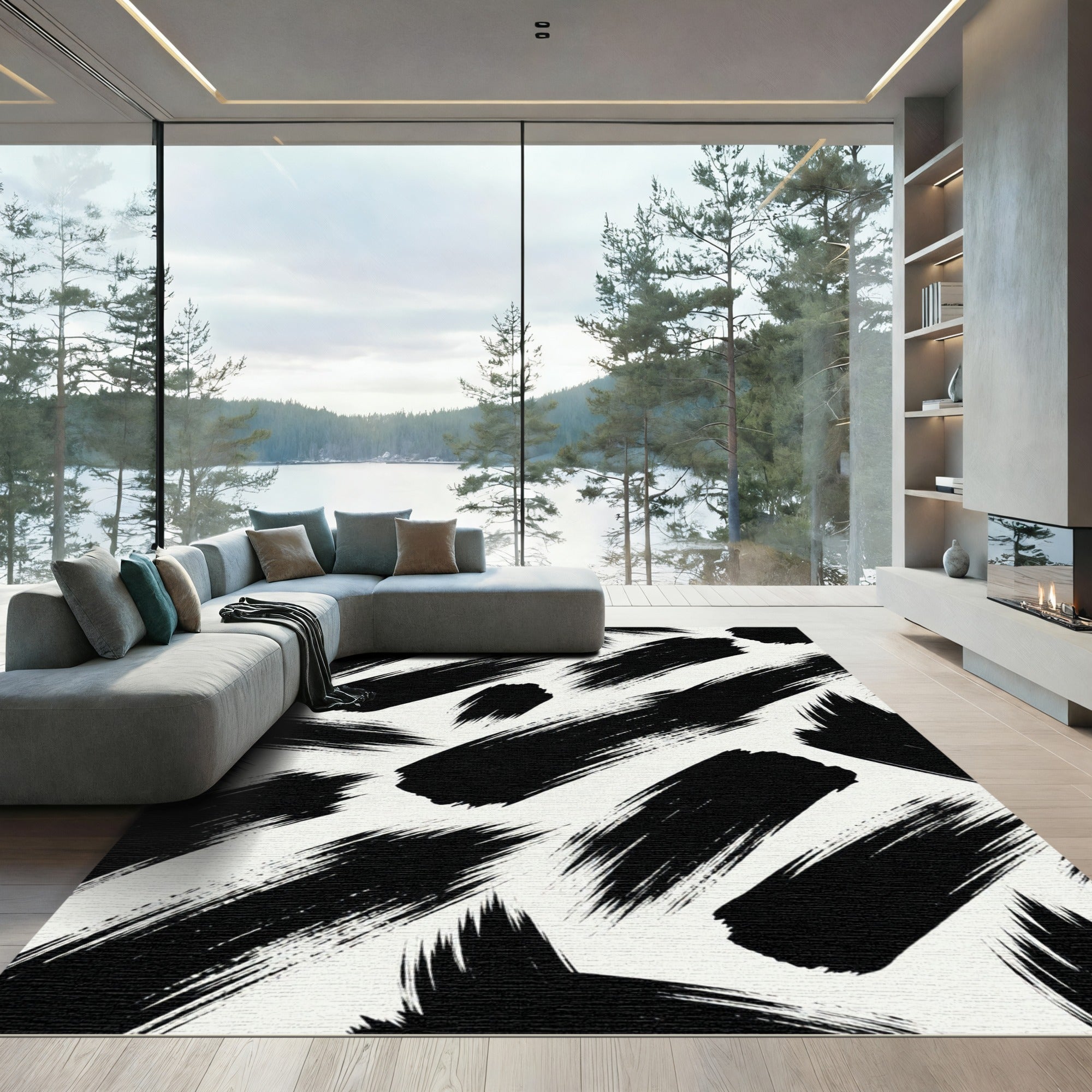 Bold Monochrome Abstract Ink Brush Stroke Rug