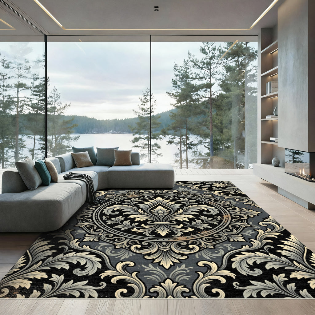 Victorian Charcoal Gold Ornate Damask Rug