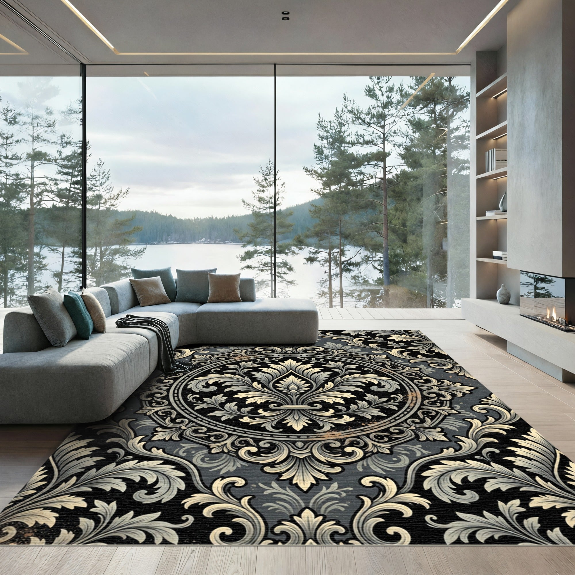 Victorian Charcoal Gold Ornate Damask Rug