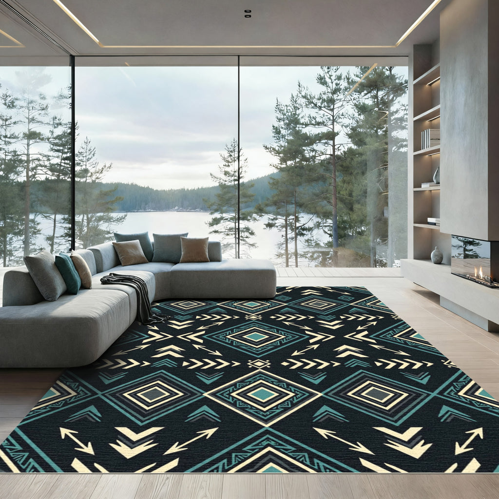 Teal and Cream Geometric Aztec Diamond Rug
