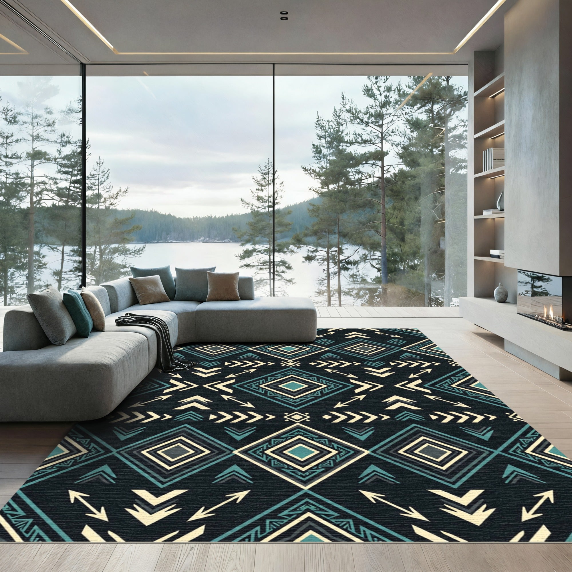 Teal and Cream Geometric Aztec Diamond Rug