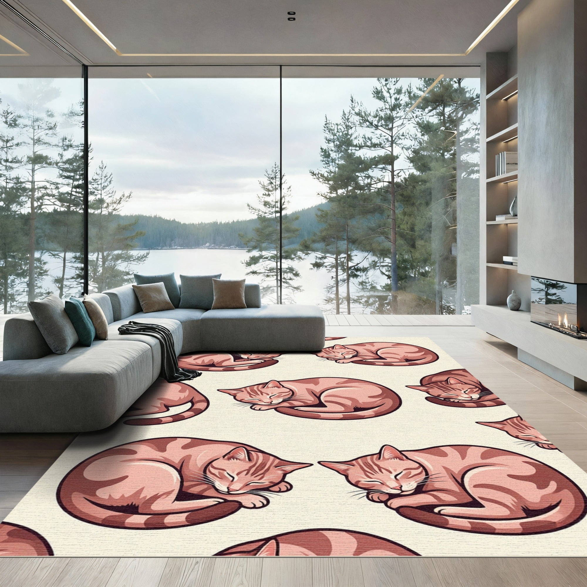 Cozy Sleeping Kitten Peach Tabby Illustration Rug