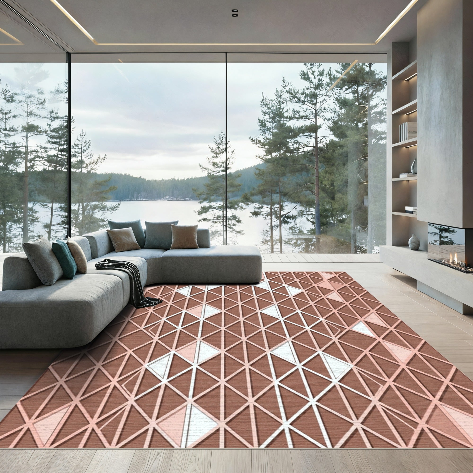 Minimalist Terracotta Geometric Lattice Rug