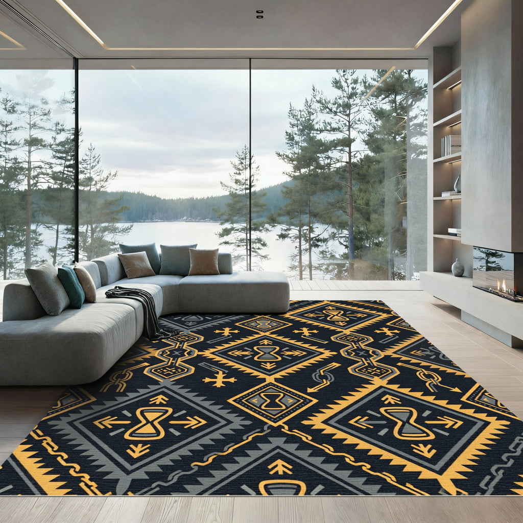 Golden Hourglass Geometric Tribal Charcoal Rug