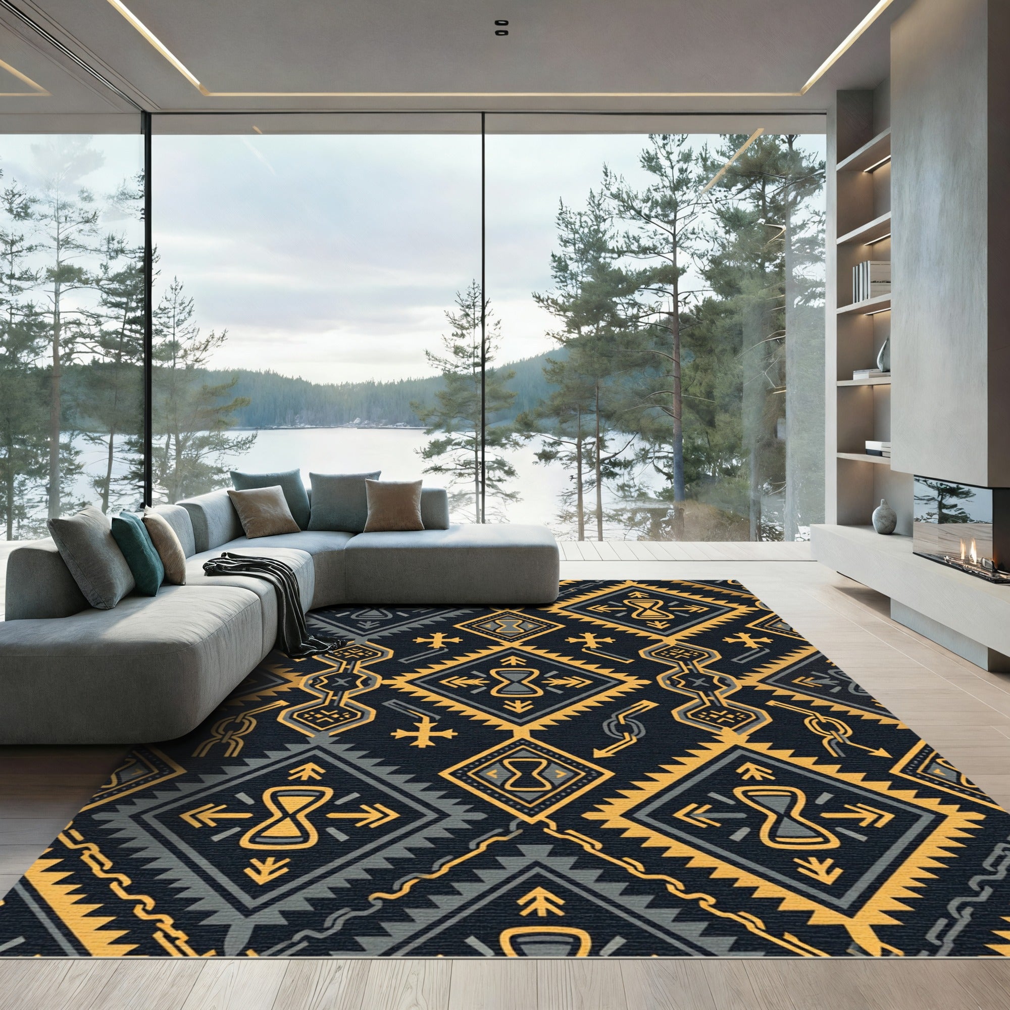 Golden Hourglass Geometric Tribal Charcoal Rug