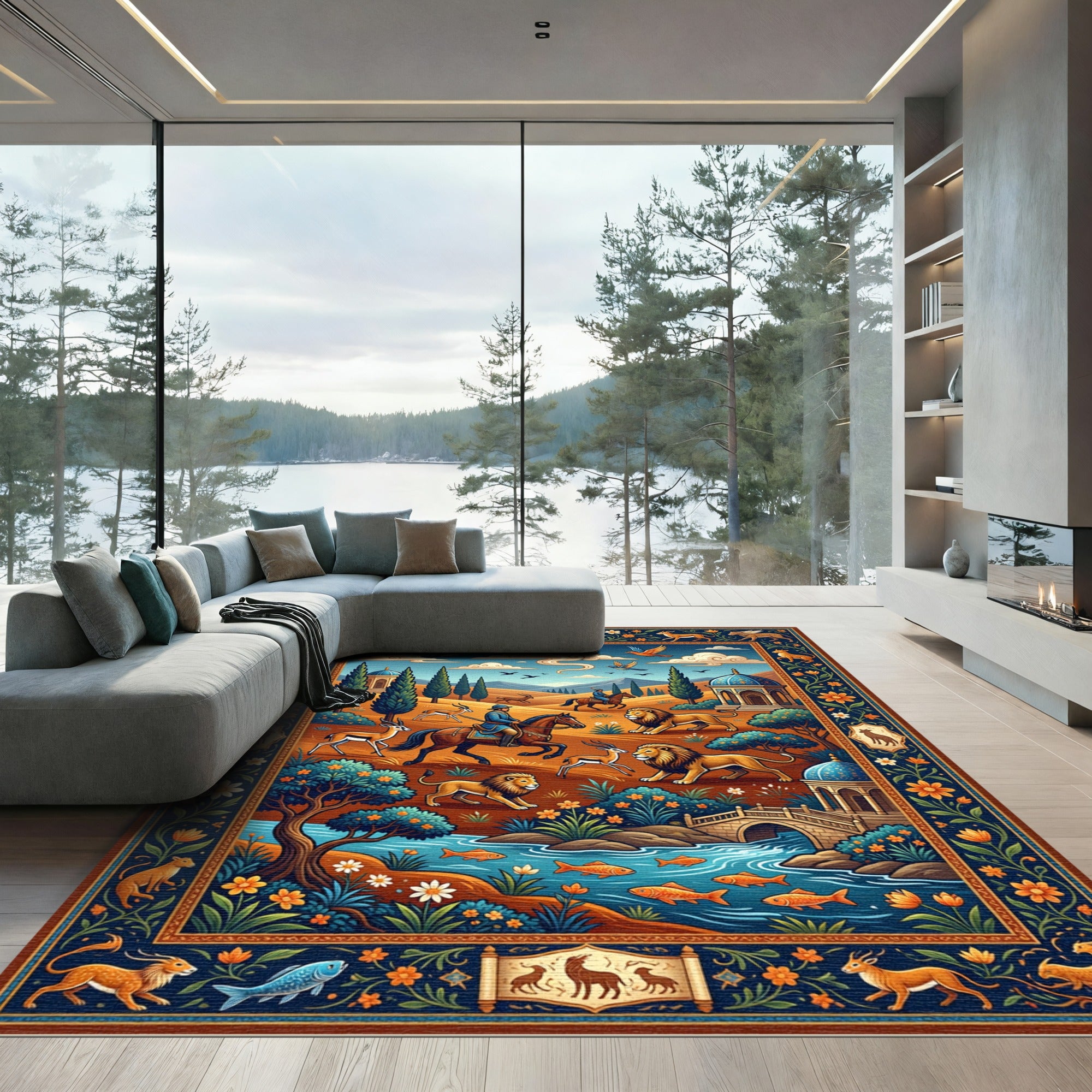 Hunting Scene With Lions And Deer Rug