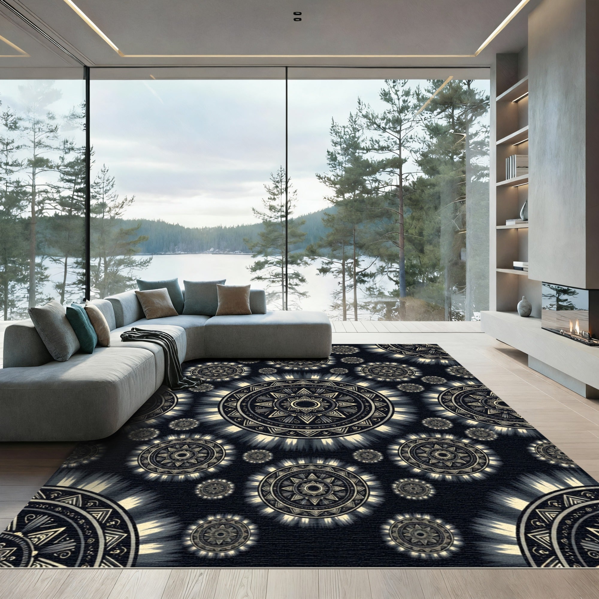 Celestial Monochrome Sunburst Mandala Rug