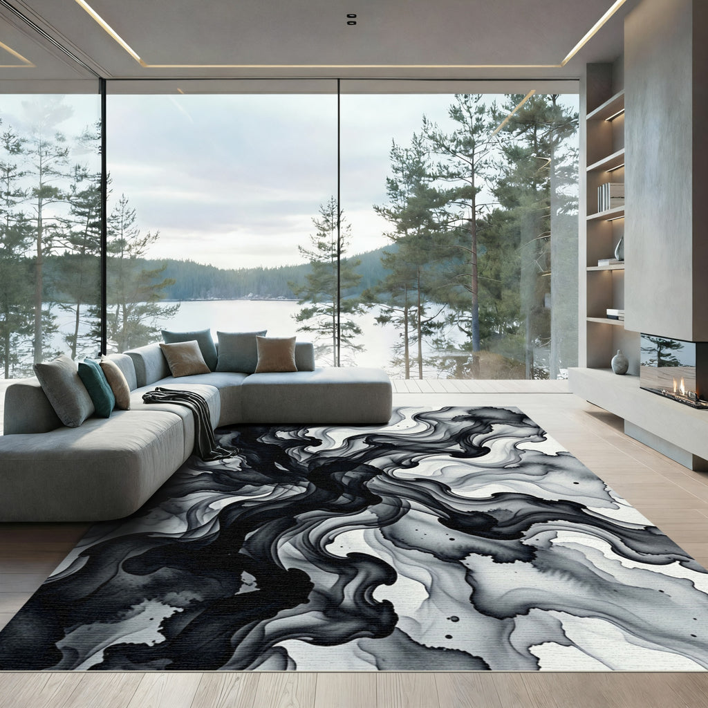 Monochromatic Ink Swirl Abstract Rug