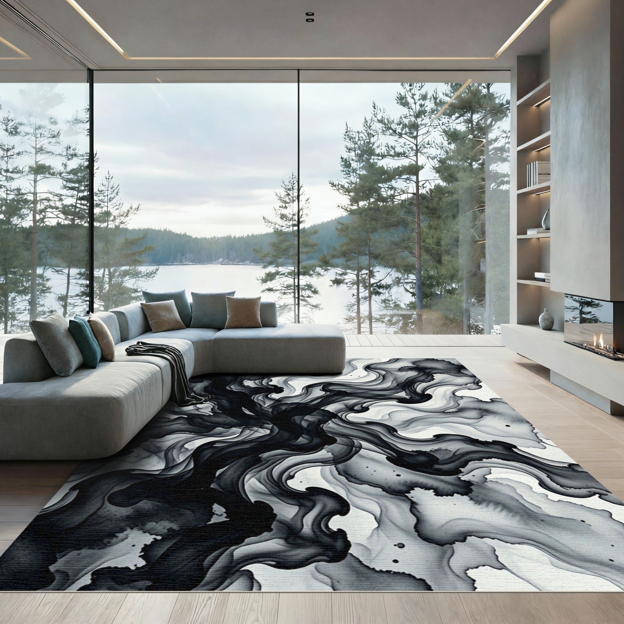 Monochromatic Ink Swirl Abstract Rug