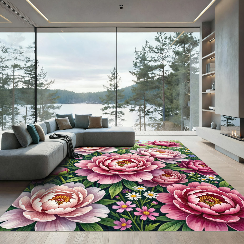 Lush Pink Peony Garden Floral Rug