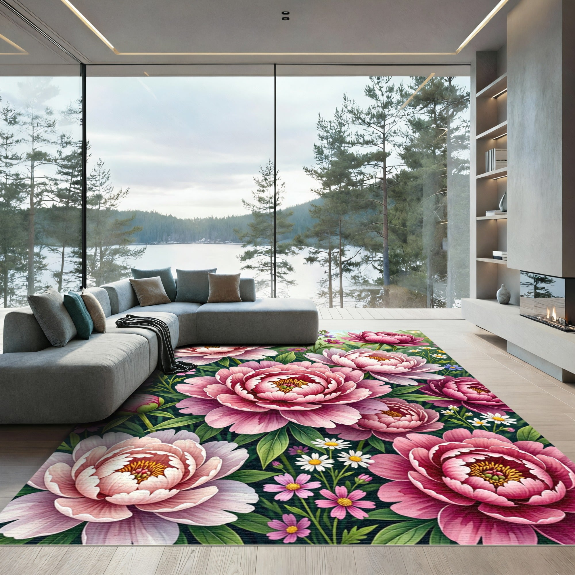 Lush Pink Peony Garden Floral Rug