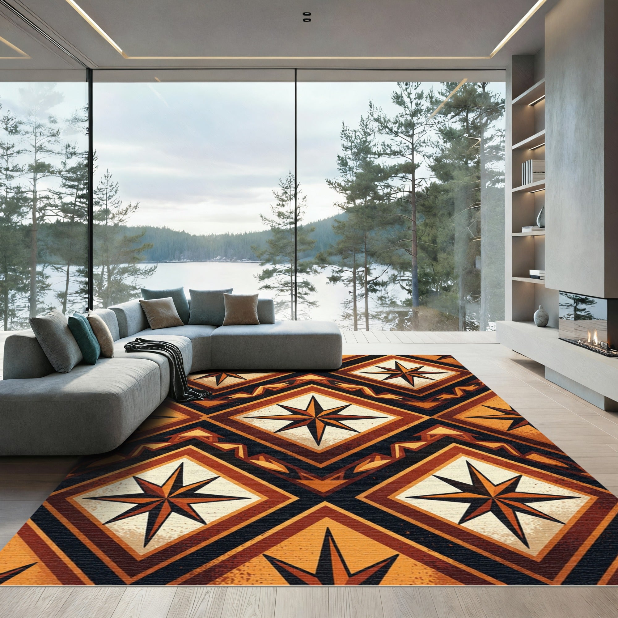 Amber Geometric Star Diamond Mosaic Rug