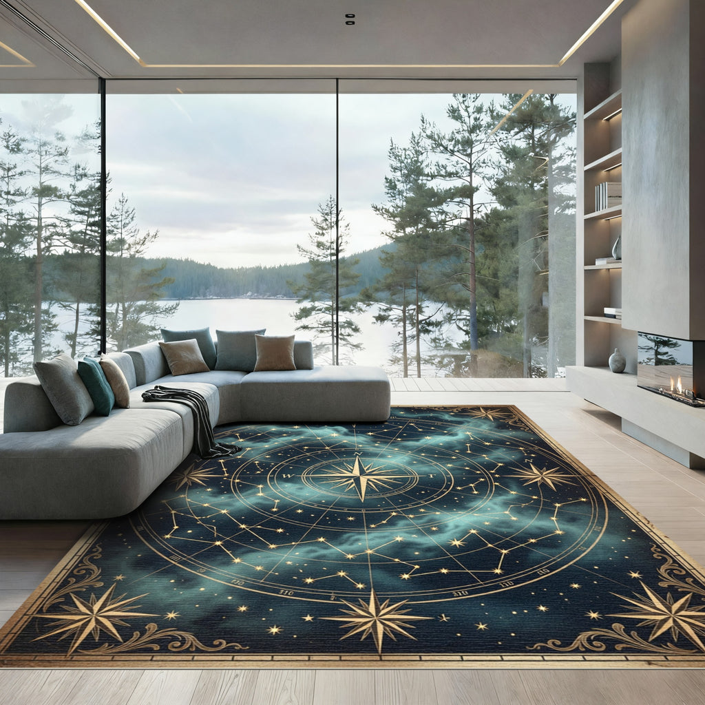 Celestial Golden Compass Star Chart Rug