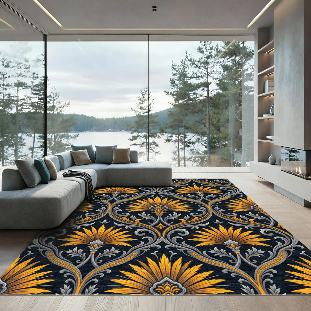 Golden Lotus Damask with Silver Foliage Rug