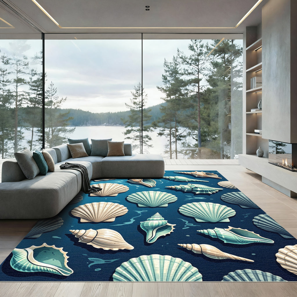 Ocean Blue Seashell Harmony Rug