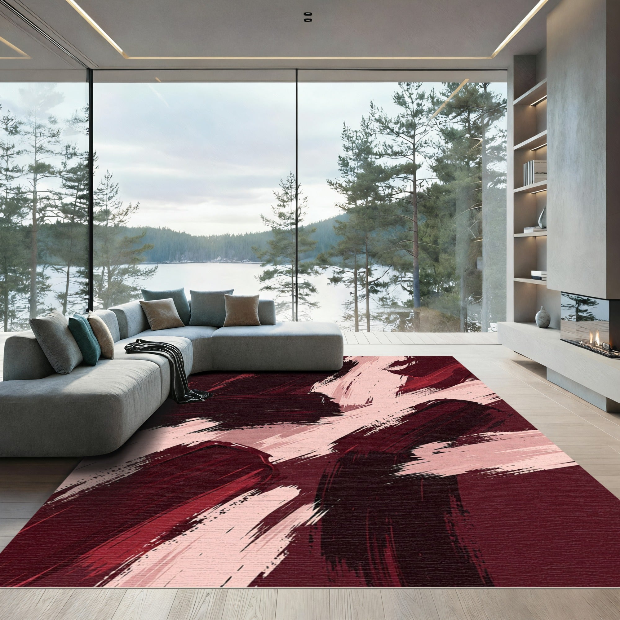 Abstract Burgundy and Blush Brushstrokes Rug