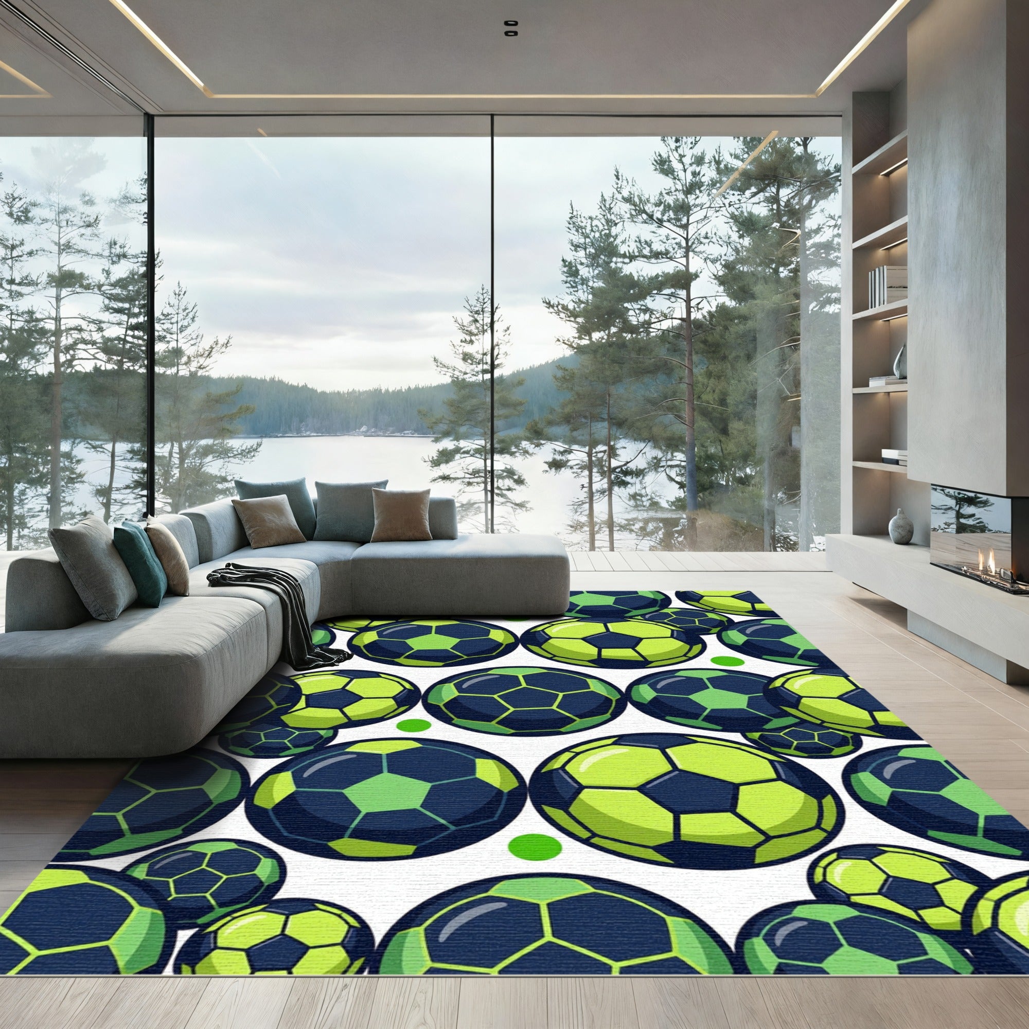 Vibrant Neon Soccer Ball Graphic Rug