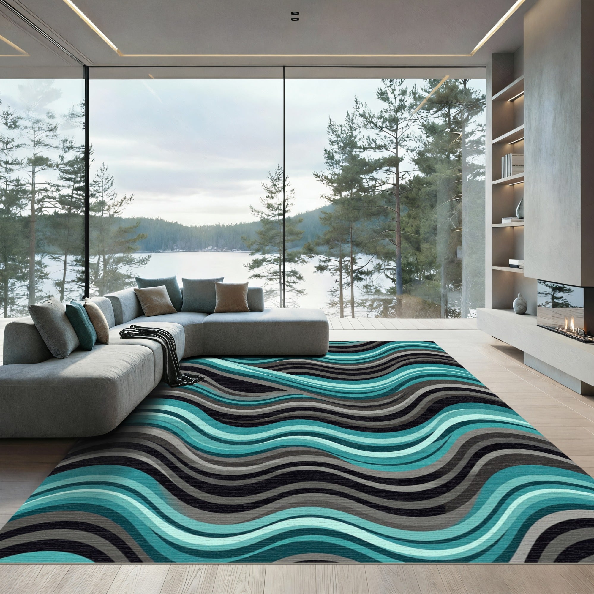 Teal and Grey Flowing Abstract Waves Rug