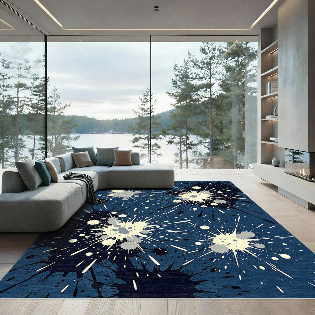 Navy Blue Cosmic Splatter Abstract Art Rug