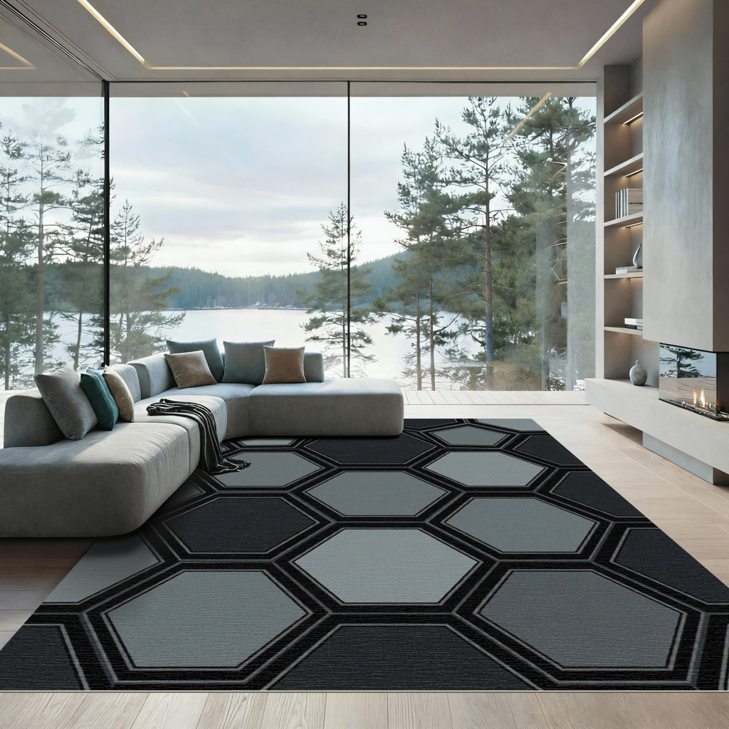 Modern Gray Geometric Hexagon Mosaic Rug