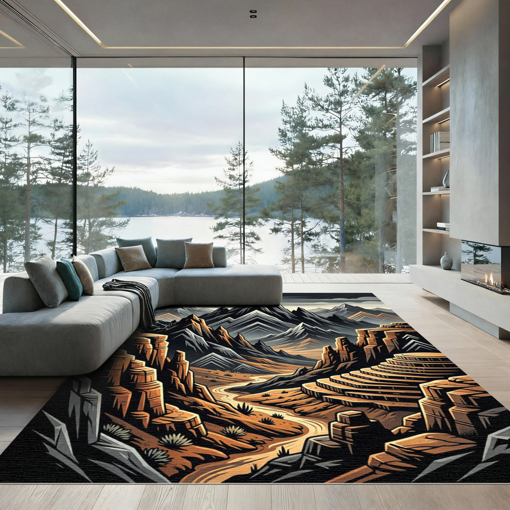 Earthy Canyon Scene Jagged Peaks Rug