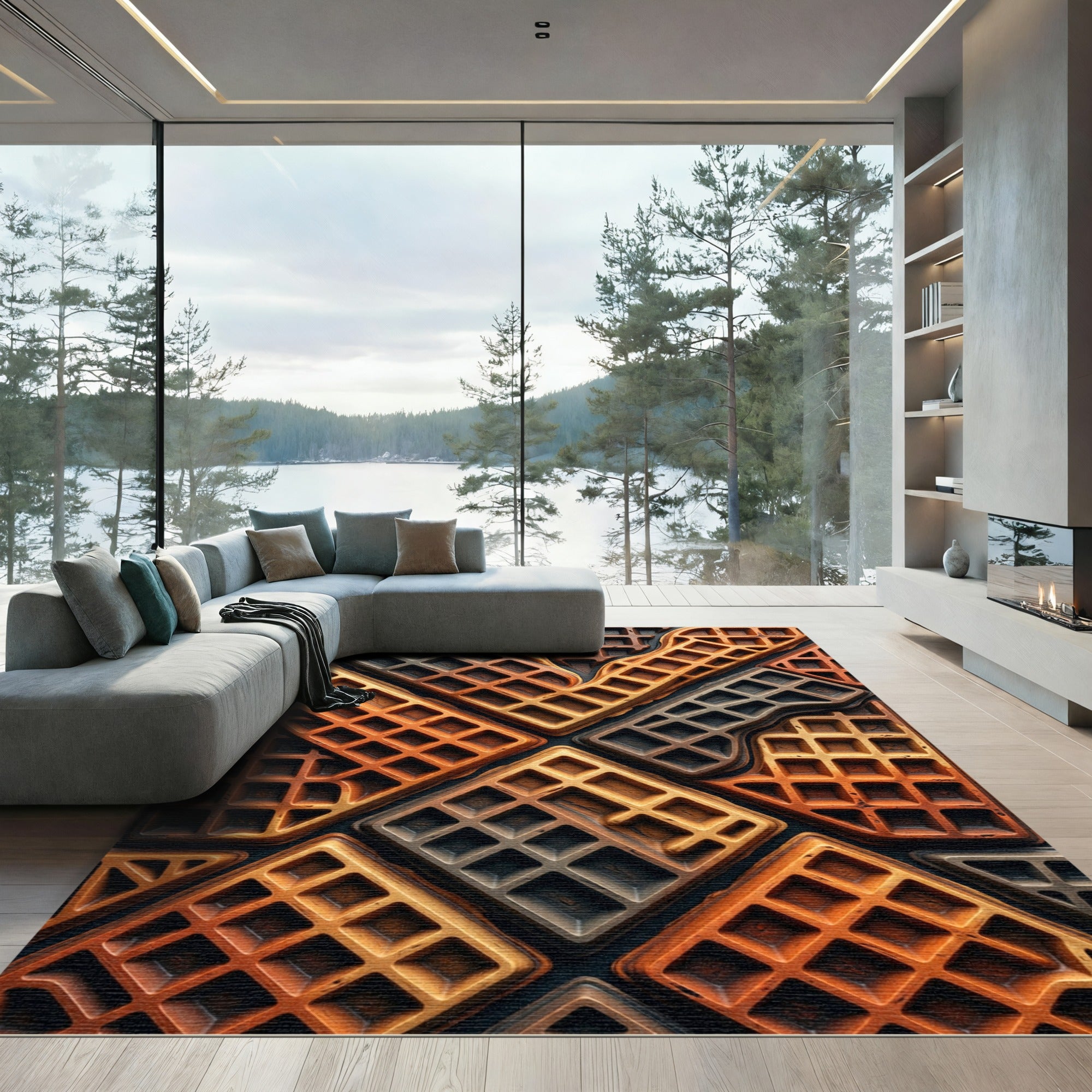 Golden Waffle Grid Geometric Accent Rug