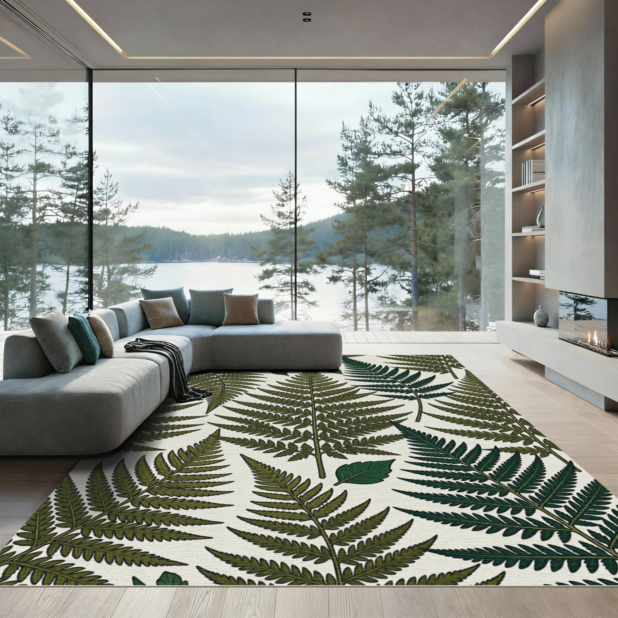 Forest Green Fern Leaf Overlay Rug
