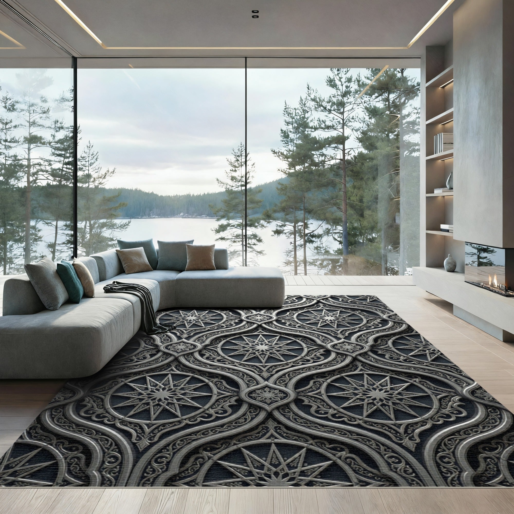 Ornate Silver Compass Star Medallion Rug