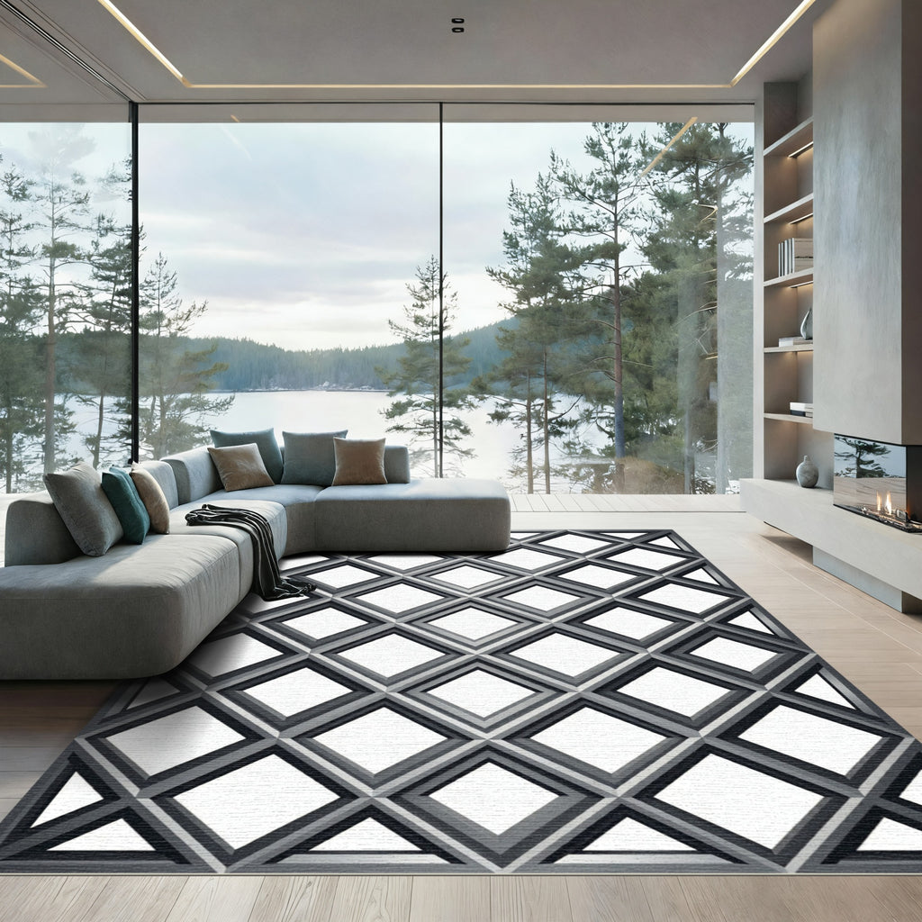 Modern Gray Diamond Lattice Graphic Rug