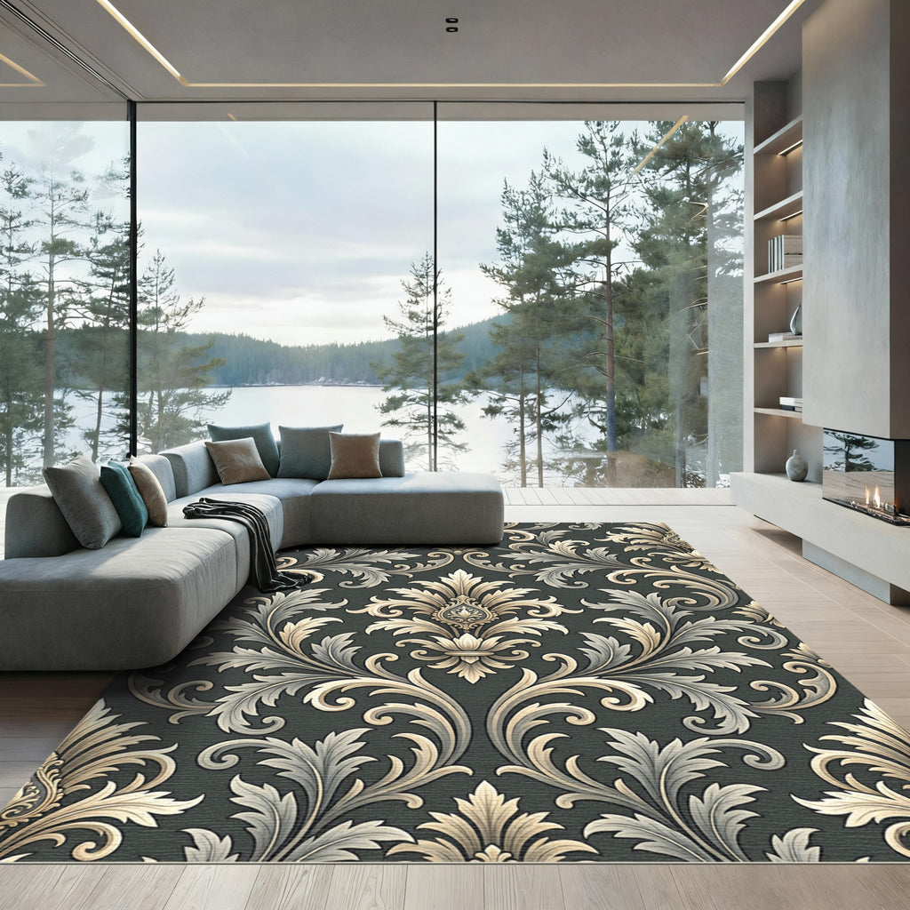 Ornate Gold Leaf Scrollwork Damask Rug