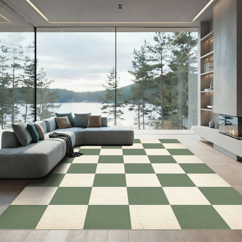 Sage and Cream Checkerboard Grid Rug