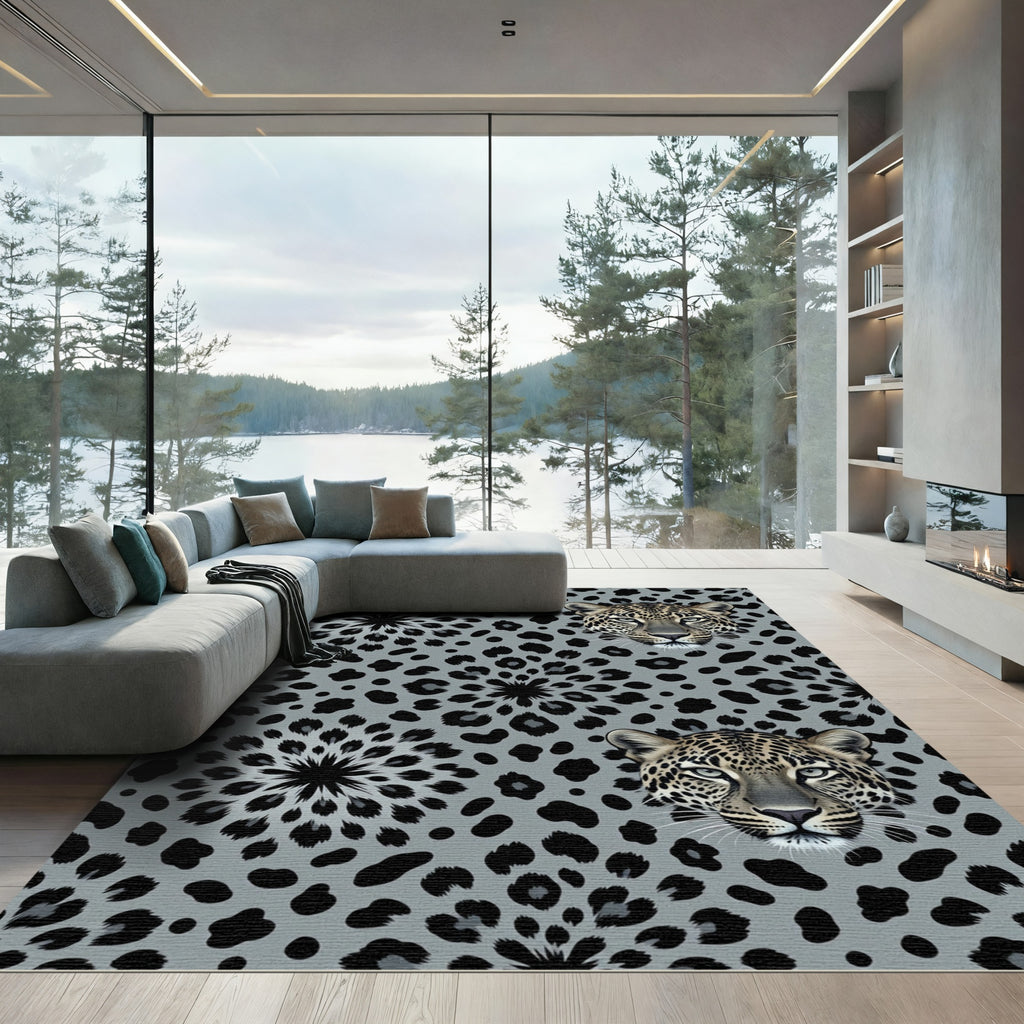 Leopard Head Gray Floral Medallion Rug