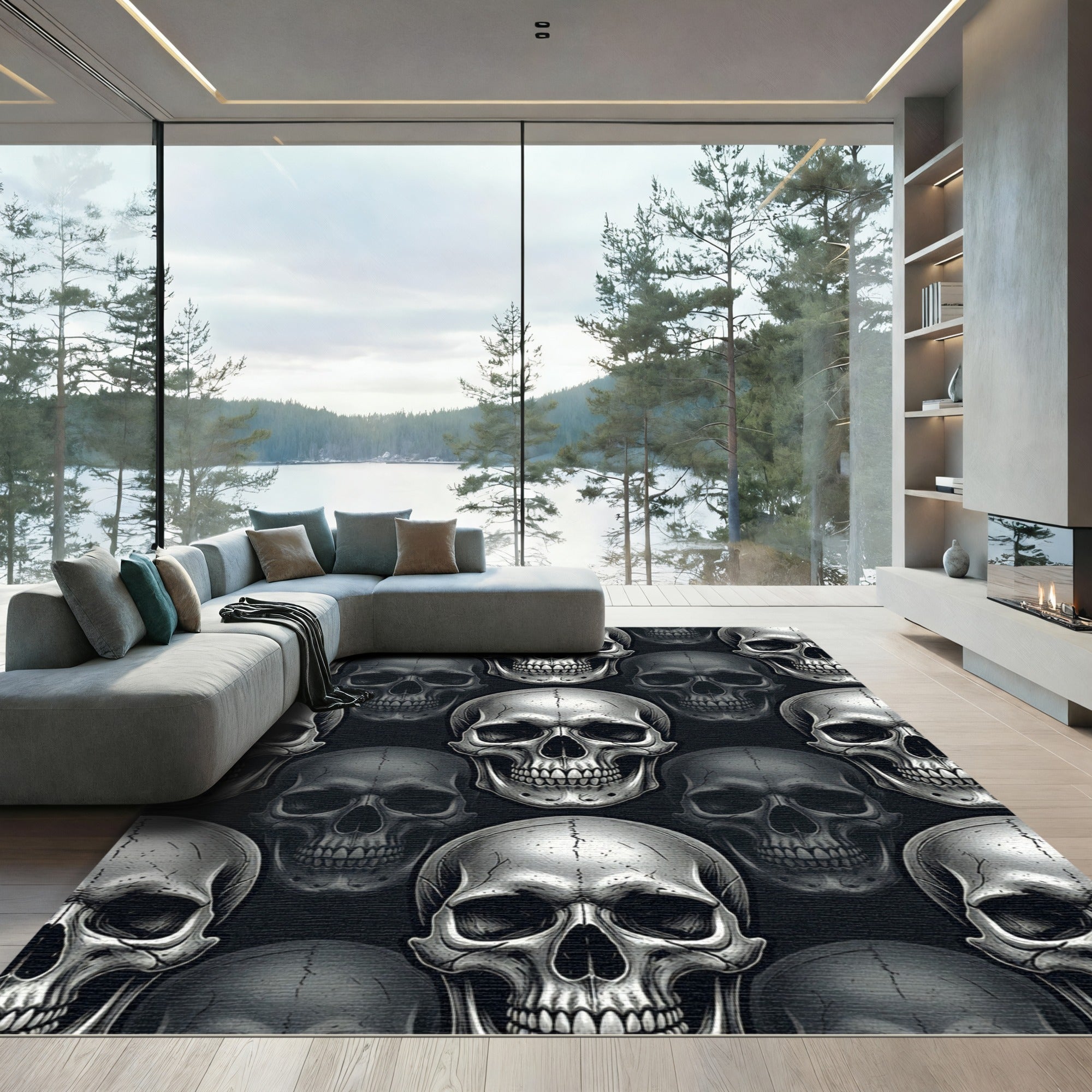 Monochrome Detailed Skull Repeat Art Rug
