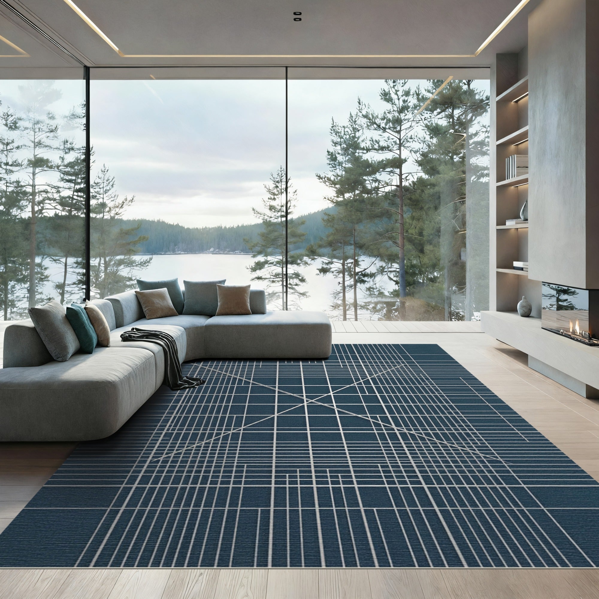 Deep Blue Geometric Grid Intersecting Lines Rug