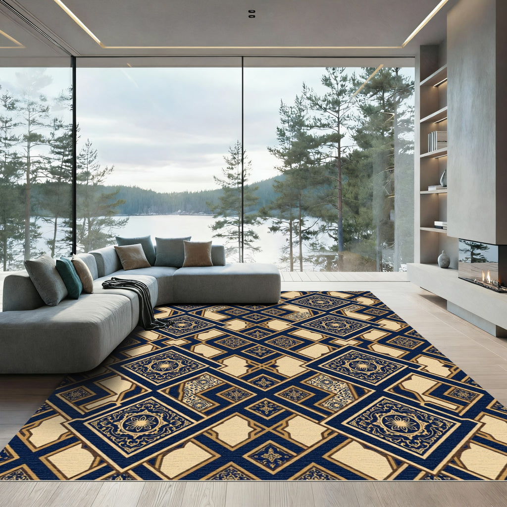 Navy Gold Traditional Geometric Medallion Rug