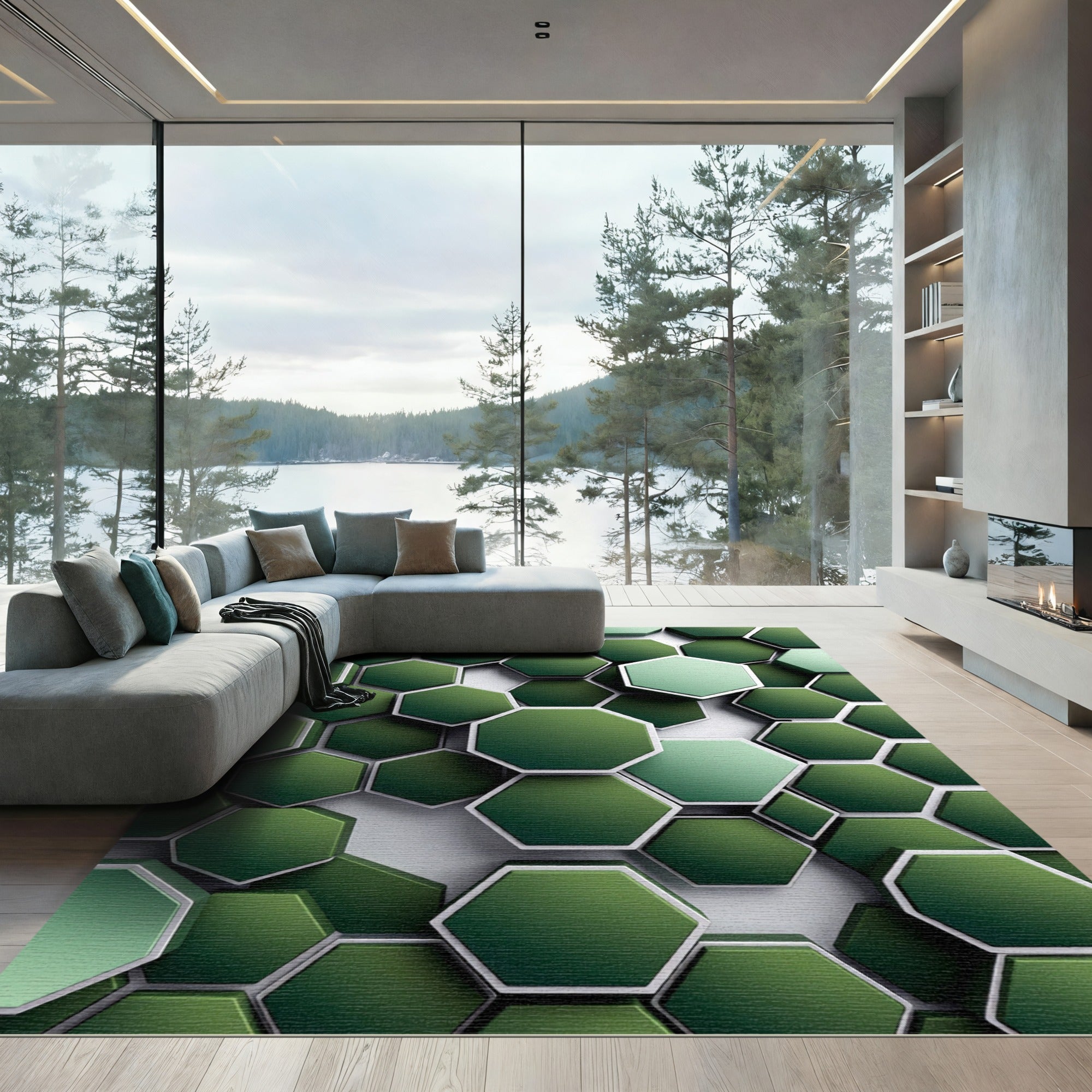 Emerald Geometric Hexagon Layered Art Rug