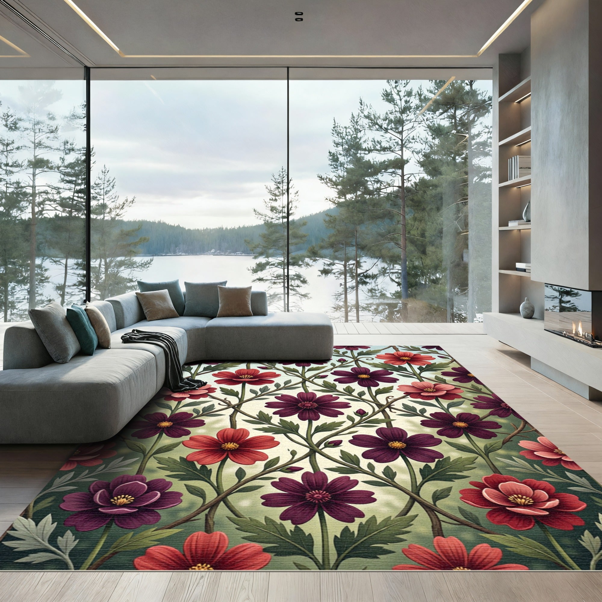 Crimson Red Burgundy Floral Lattice Rug